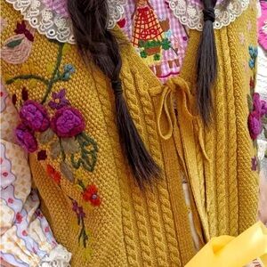 Handcrafted embroidered crochet openwork tassel knit vest, wool blend